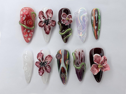 Luxury Floral Press-On Nails | Elegant 3D Blossom Nail Set | Unique Hand-Painted Press-On Nails with Floral Designs | Vibrant Nails |JB336AL