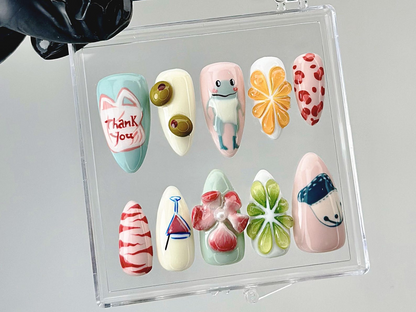 Funky Cartoon Press On Nails | 3D Frog, Flower, Smile Fake Nails | Handmade Kawaii Nail Art | Colorful Kawaii Press Ons | HB876YC