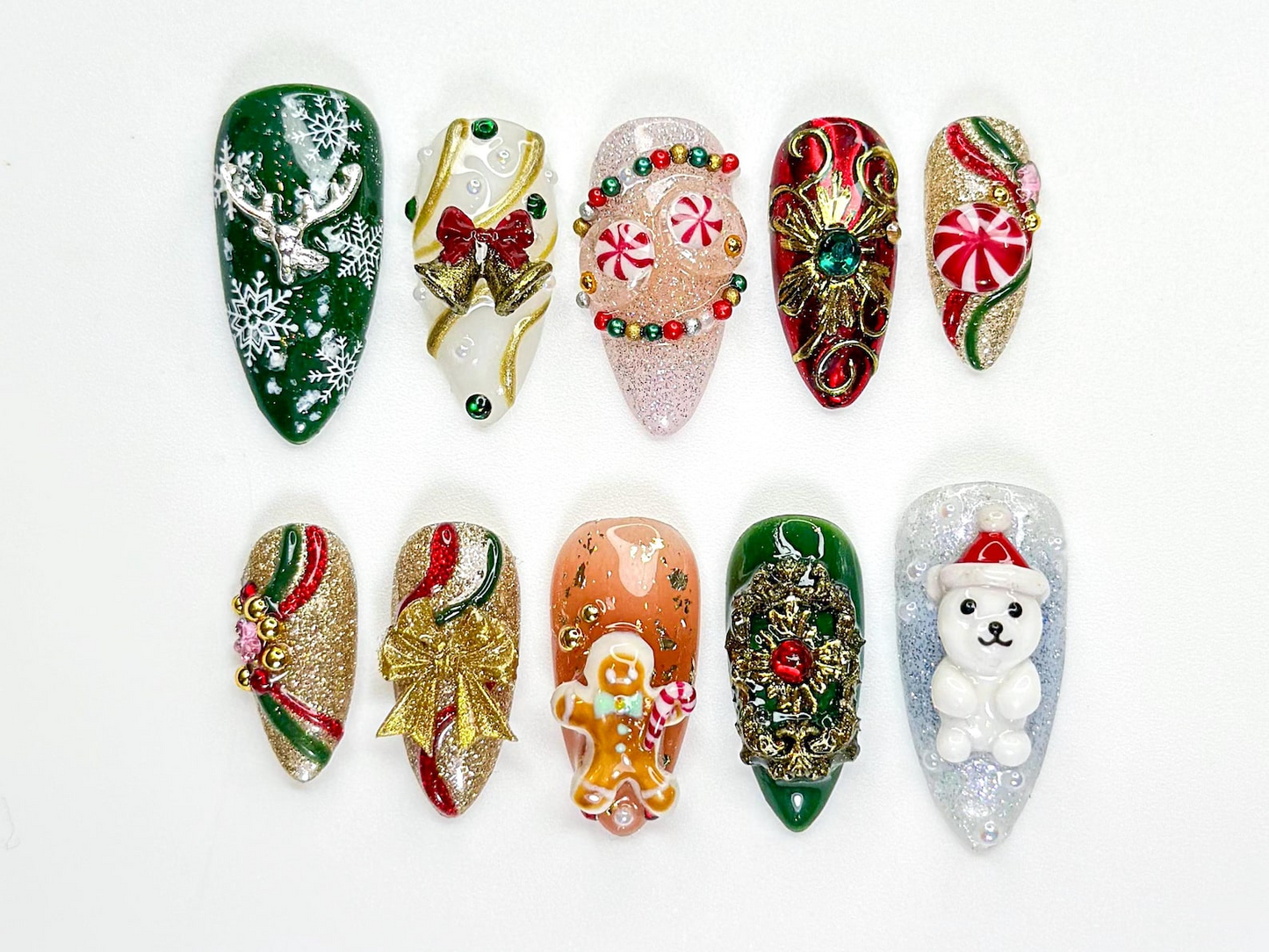 Wonderland Christmas Press On Nails | Candy Cane & Gingerbread Nails | Festive Holiday 3D Art | Wreath Press Ons | Cute Winter Nail |JB235HC