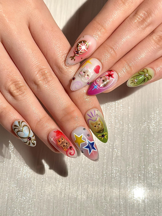 Dreamy Pastel Cat Press On Nails, Cute Cat and Star Anime Nails, Pink and Green Kawaii Aesthetic Fake Nails with Gold Moon Charms, HC1288HC