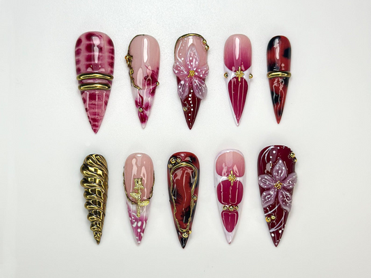 Crimson Gold Floral Press On Nails | 3D Red Floral & Gold Nail Art | Sculpted Jewel Accent Nails | Handmade Elegant Press On Set | JC992HP