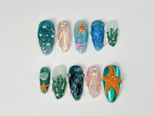 3D Tropical Beach Press On Nails | Ocean-Themed with Seaweed, Seashells, and Starfish | Handmade Press On Nails | JB316SL