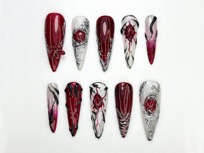 Vampire Red Gothic Press On Nails | Gothic Nail Art Set | Silver Blood Magic Nails | Dark Rune Design Press Ons | 3D Fantasy Nails | JC863HC