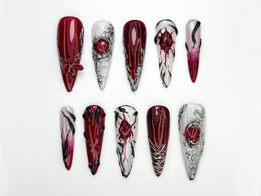 Vampire Red Gothic Press On Nails | Gothic Nail Art Set | Silver Blood Magic Nails | Dark Rune Design Press Ons | 3D Fantasy Nails | JC863HC