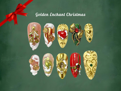 Golden Enchant Press On Nails For Christmas | Luxury 3D Gold Ornament Nail Art | Red & Green Holiday Design | Baroque Winter Nails |HB1008YC