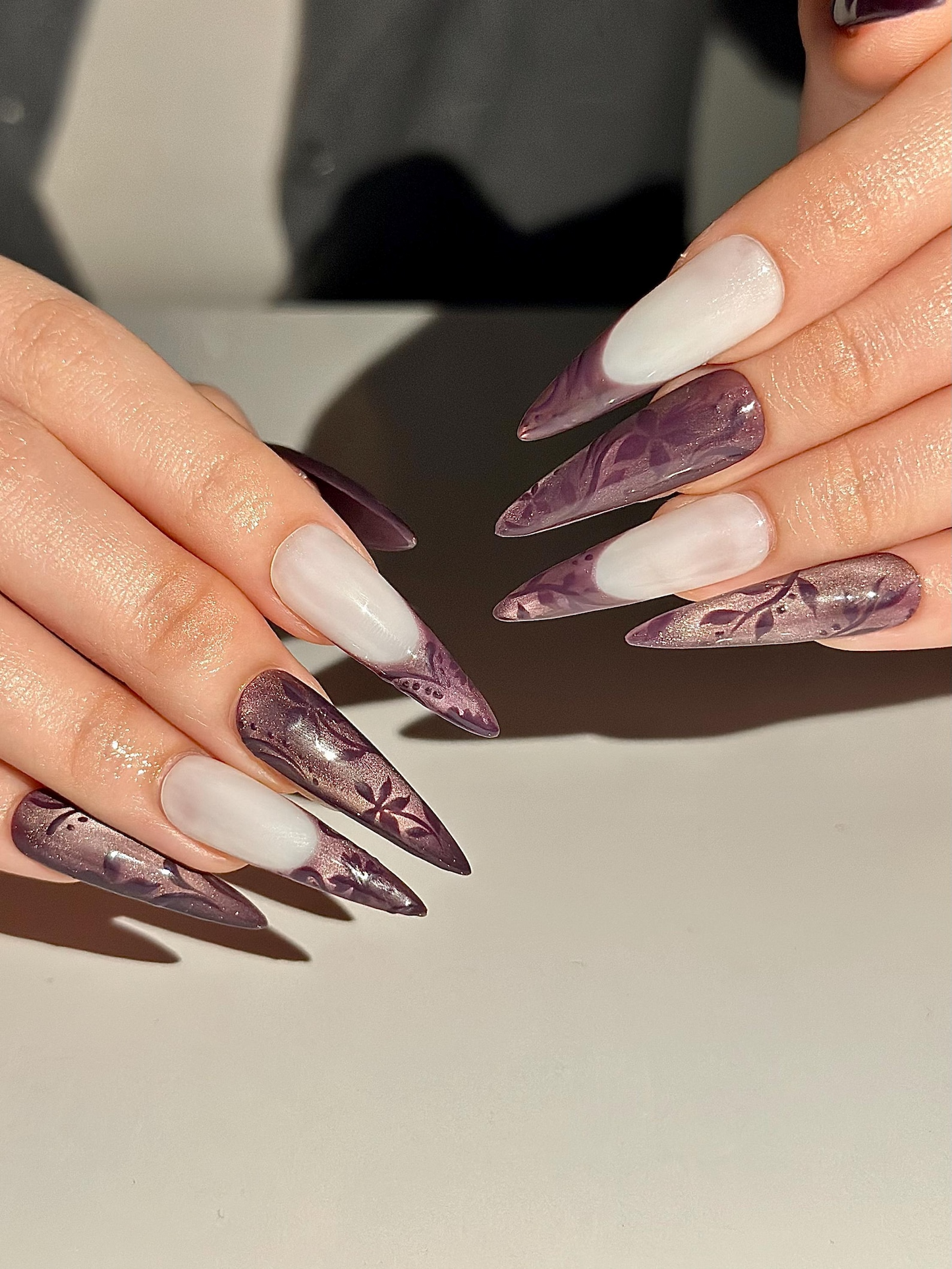 Dark Purple Cat Eye Press On Nails, Mystic Floral French Tip Nails, Ethereal Smoky Velvet Nails, Gothic Luxury Stiletto Fake Nails, HC1292HK