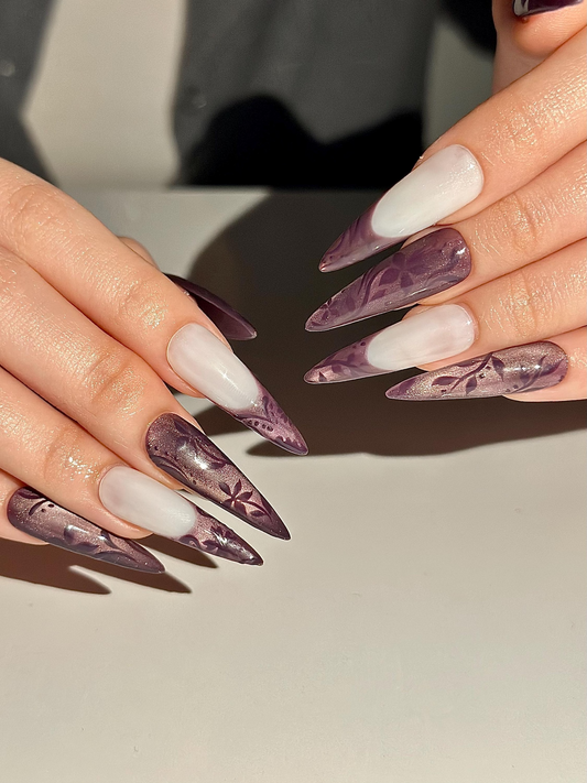 Dark Purple Cat Eye Press On Nails, Mystic Floral French Tip Nails, Ethereal Smoky Velvet Nails, Gothic Luxury Stiletto Fake Nails, HC1292HK