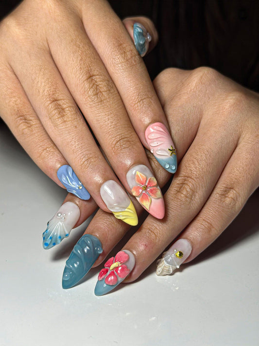 Pastel Ocean Press On Nails with 3D Flower and Seashell | Tropical Beach Nails in Almond Shape | Summer Vacation Nails for Holiday| HC1311NC
