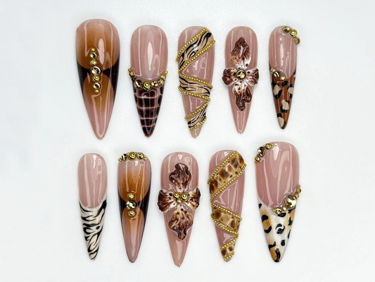 Leopard Gold Floral Press On Nails | 3D Animal Print Nail Art | Golden Bead Glam Nails | Handmade Exotic Press Ons | Fashion Nails | JC841H