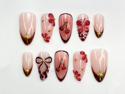 Cherry Blush Bloom Press On Nails | 3D Red Floral & Bow Nail Art | Sweet Cherry Nails | 3D Red Flower Nails | Romantic Nail Set | JC770HC