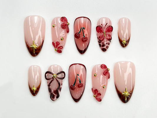 Cherry Blush Bloom Press On Nails | 3D Red Floral & Bow Nail Art | Sweet Cherry Nails | 3D Red Flower Nails | Romantic Nail Set | JC770HC