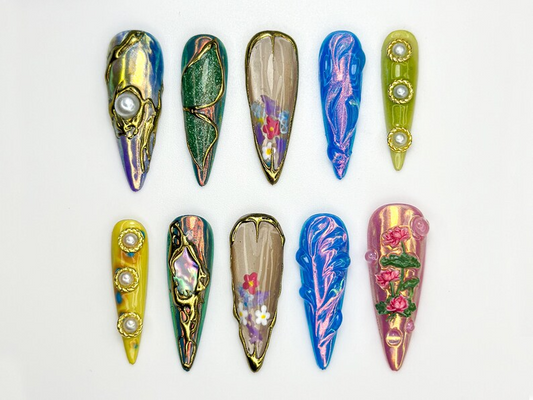 Floral Chrome Press On Nails | Mixed Pearl 3D Art Nails | Sculpted Nature-Inspired | Holographic Garden Press Ons | Artistic Nail | JB856HK
