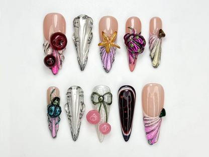 3D Cherry Bomb Press On Nails | Cherry & Star Accent Nails | Mixed Metal Gothic Nail Art | Handmade Y2K Press Ons | JB952H