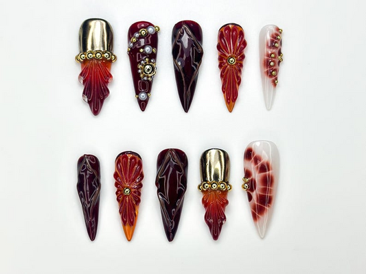 Luxury Red Gold Press On Nails | 3D Floral Stiletto Nails | Elegant Autumn Nail Art | Handmade Statement Nail Set | JC1119BK