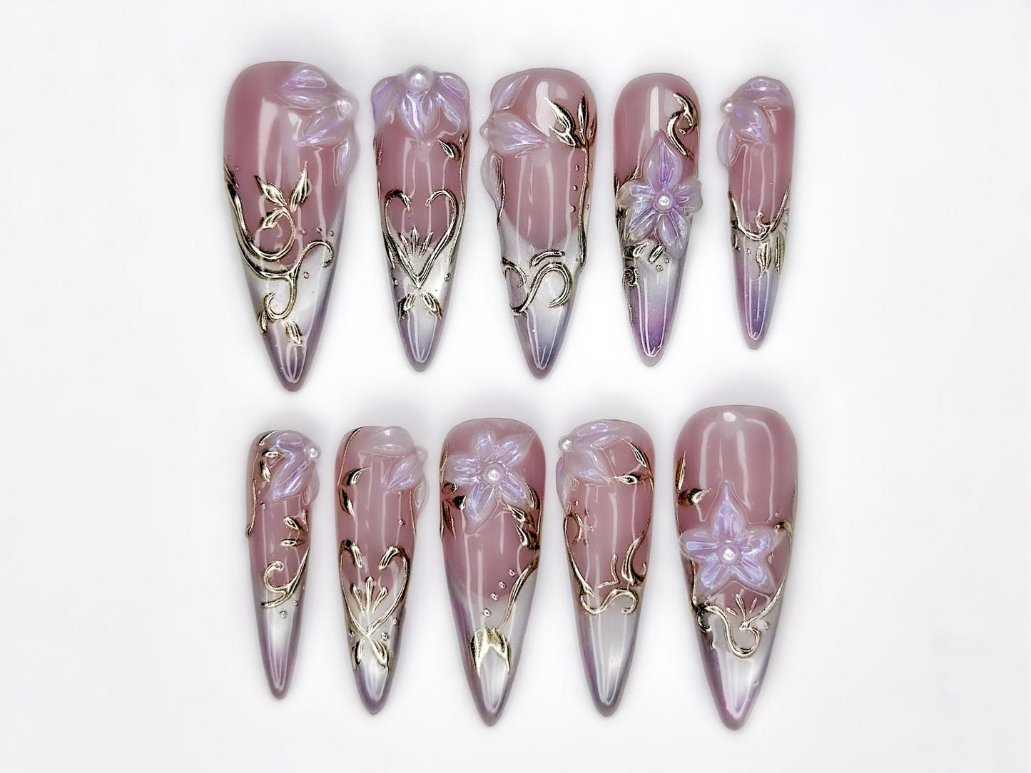 Spring Gothic Blossom Pressons Nails | Dusty Mauve Floral Nails | Iridescent 3D Flower Nail Art | Gold Vine Luxury Nail Set | JB267EC