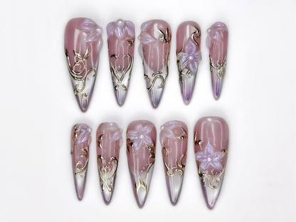 Spring Gothic Blossom Pressons Nails | Dusty Mauve Floral Nails | Iridescent 3D Flower Nail Art | Gold Vine Luxury Nail Set | JB267EC