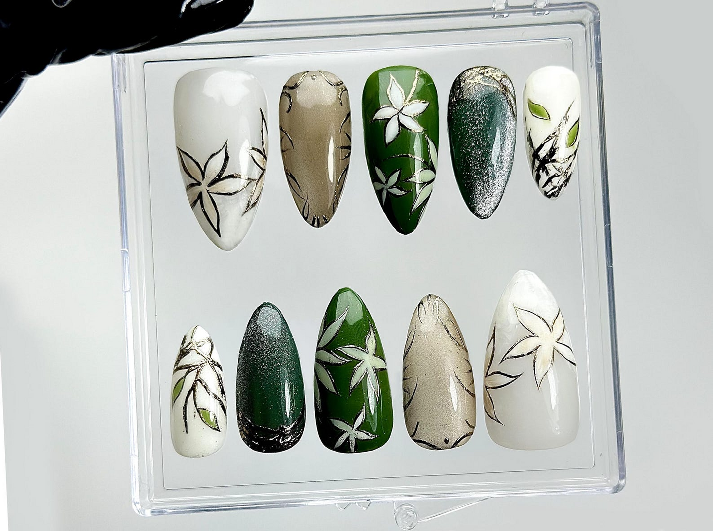 Jade Garden Serenity Press On Nails | Chinese Ink Painting Style | Lotus Bloom & Jade Charm Nails | Elegant Floral Nail Art | HB1018EK