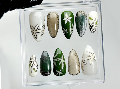 Jade Garden Serenity Press On Nails | Chinese Ink Painting Style | Lotus Bloom & Jade Charm Nails | Elegant Floral Nail Art | HB1018EK