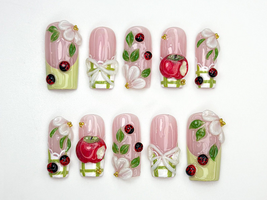 Handmade Picnic Theme Press On Nails | 3D Flower & Ladybug Nails | Cottagecore Nail Set | Pink Green Nature Nails | Handmade Nails | JB859H