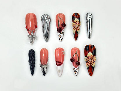 Autumn Cherry Bloom Press On Nails | Coral Red Fall Nail Art | 3D Floral & Leopard Print Nails | Handmade Gothic Accent Set | A1130C