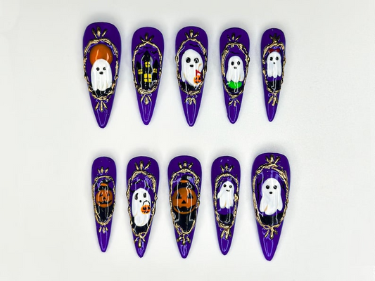 Purple Gothic Halloween Press On Nails | Ghost & Pumpkin Halloween Nail Design| Haunted Mansion Nail | Hand-Painted Spooky Nail Art |JB133HK