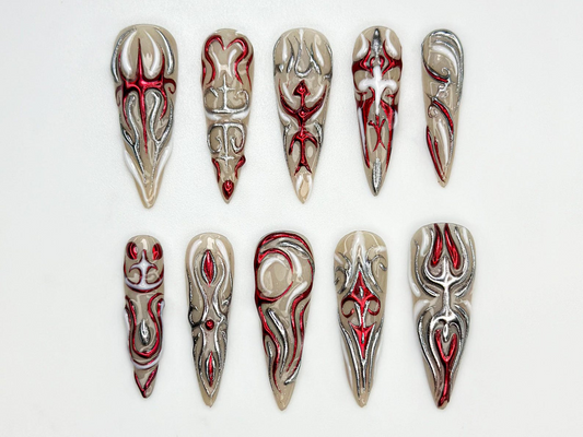 Red Silver Gothic Press On Nails | 3D Gothic Warrior Nail Art | Handmade Red Silver Metallic Nails | Dark Fantasy Armor Tips | JB803HK