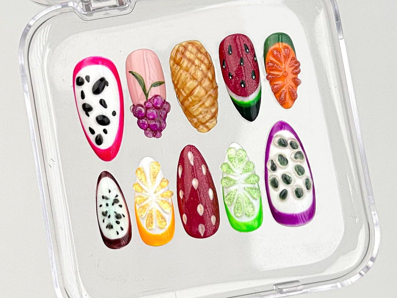 Fruit-themed Press On Nails for a Splash of Color | Tropical Delight On Fake nails | Vibrant Fruit Delight Nail Art | Acrylic Nails | HB360T