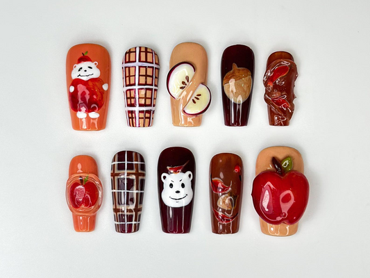 Cozy Fall Press On Nails | Apple & Bear Nail Art | Fall Plaid Handmade Press Ons | Caramel Acorn Nails | Cute 3D Fall Nail Design | JB170HC