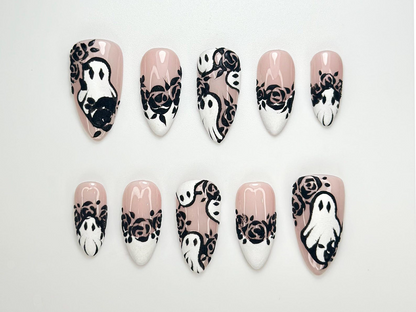 Ghost & Roses Halloween Press On Nails | Black Lace Rose Nail Art | White Halloween Nails | Handmade Spooky Glam Press Ons | JC129HC