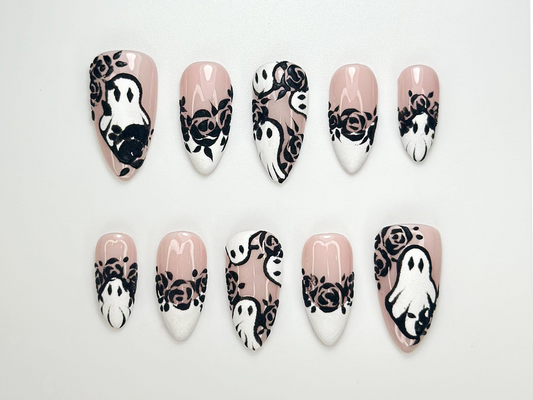 Ghost & Roses Halloween Press On Nails | Black Lace Rose Nail Art | White Halloween Nails | Handmade Spooky Glam Press Ons | JC129HC