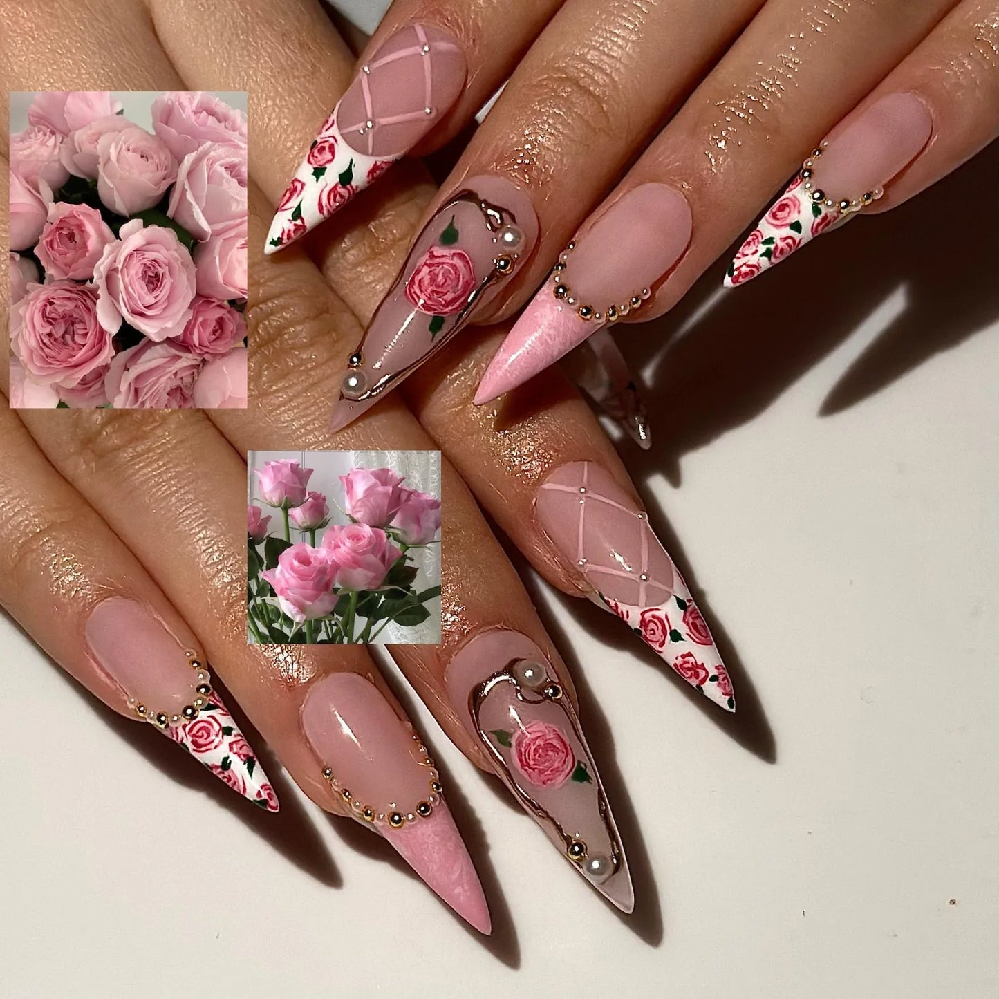 Vintage Rose Stiletto Press On Nails | Pink Rose Bridal Nails for Women | French Tip Floral Nails | Pearl Gold Nail| Romantic Nail |HB1276HC