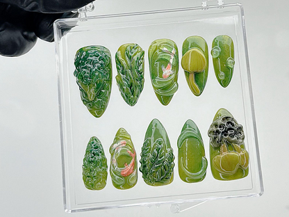 Enchanted Forest Press On Nails | Moss Green Leaf Fake Nails | Botanical Nature Nail Art | Fantasy Forest Press Ons | Forest Nails | HB882YC