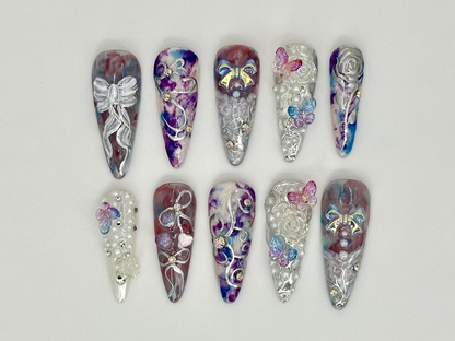 3D Butterfly & Bow Press On Nails | Artistic Bow, Rose Fake Nails | Luxury Pearl, Butterfly Nail Art | Whimsical 3D False Nails | HC705YC