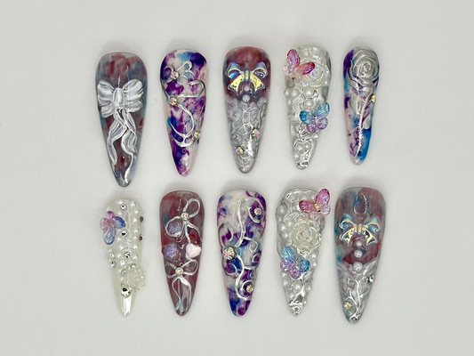 3D Butterfly & Bow Press On Nails | Artistic Bow, Rose Fake Nails | Luxury Pearl, Butterfly Nail Art | Whimsical 3D False Nails | HC705YC