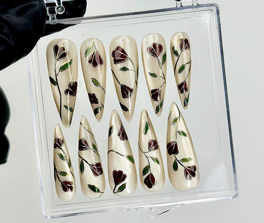 Vintage Vine Bloom Press On Nails | Handpainted Floral Nail Art | Nature-Inspired Botanical Tips | Elegant Glossy Press Ons | HC969EK