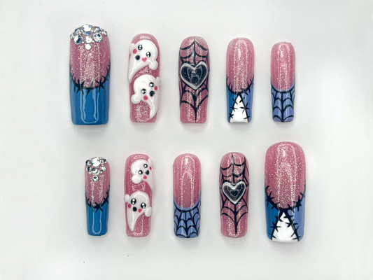 Gothic Ghost Web Press On Nails | Spooky Sparkle Pink Nails | 3D Ghosts & Rhinestone Accents | Halloween Web Nail Art | HB1065EK
