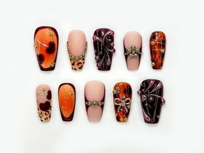 Fall Orange Leopard Press On Nails | Autumn Handmade Luxury Set | 3D Bow & Butterfly Nail Art | Fall Statement Design | HB1095EC