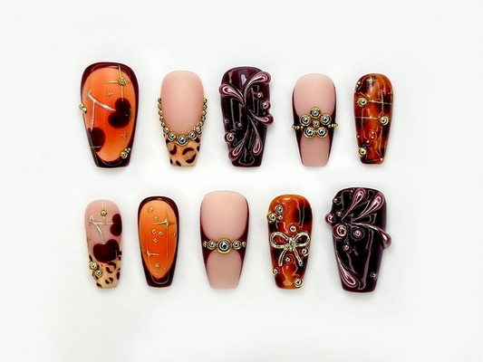 Fall Orange Leopard Press On Nails | Autumn Handmade Luxury Set | 3D Bow & Butterfly Nail Art | Fall Statement Design | HB1095EC