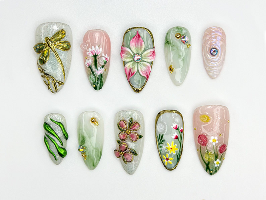 Elegant Flower Garden Press On Nails | 3D Wildflower & Dragonfly Nails | Nature-Inspired Floral Nail Art | Elegant Spring Press Ons |JC816HC