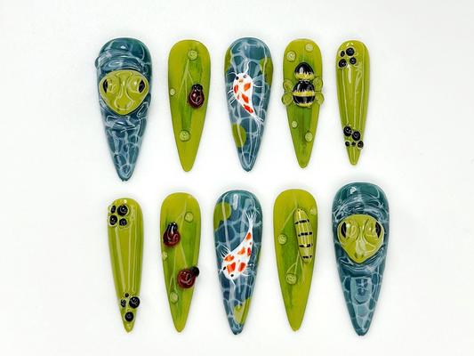 Frog Koi Pond Press On Nails | Garden Animal Nails for Summer Fake Nails | Whimsical Frog Nail Art | Unique Nature Press Ons | HB900YK