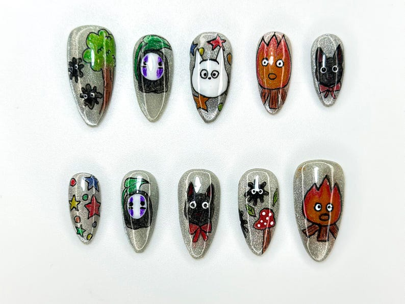 Anime Inspired Press On Nails | Hand Painted Silver Glitter Nails | Cute Cosplay Character Nail Art | Unique Kawaii Nail Set | JC1133BK