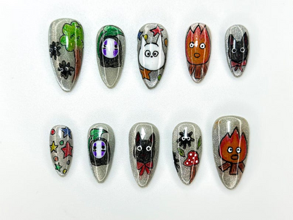 Anime Inspired Press On Nails | Hand Painted Silver Glitter Nails | Cute Cosplay Character Nail Art | Unique Kawaii Nail Set | JC1133BK