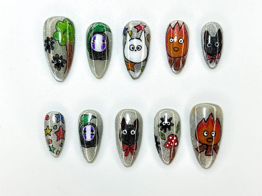 Anime Inspired Press On Nails | Hand Painted Silver Glitter Nails | Cute Cosplay Character Nail Art | Unique Kawaii Nail Set | JC1133BK