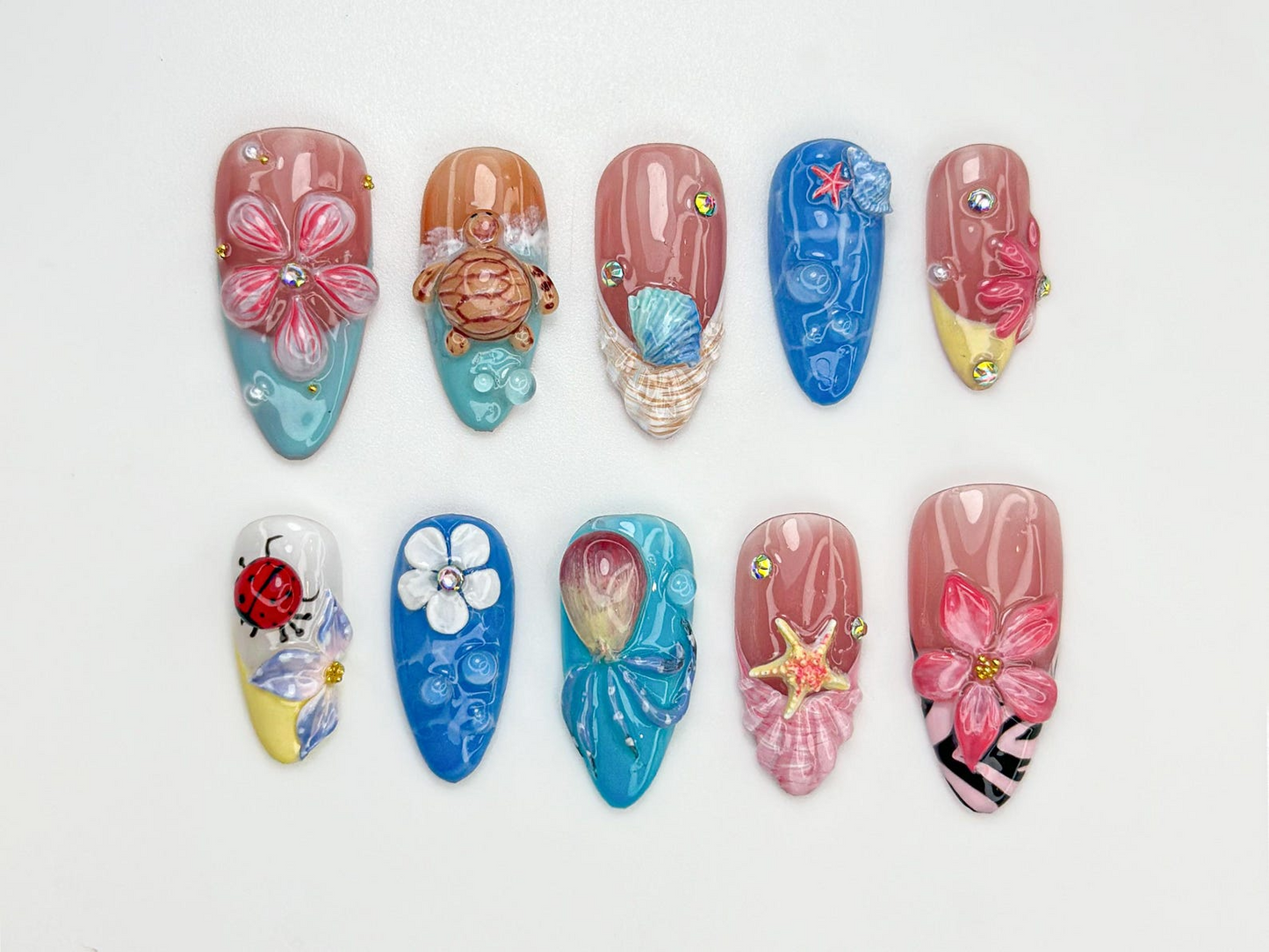 Tropical Sea Turtle Press On Nails | 3D Beach Shell & Starfish Nails | Handmade Summer Mermaid Vibes | Tropical Sea Nail Art | JB809HK