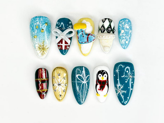 Snowy Penguin Christmas Press On Nails | Teal & Gold Nail Art | Cute Penguin Nails | Winter Snowflake Press Ons | Holiday Nails | JB223HG