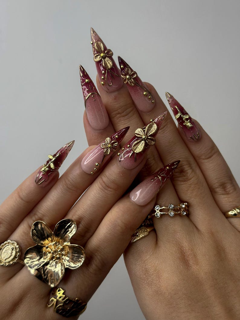 Golden Red Press On Nails | Burgundy & Gold Floral Nail Art | 3D Metallic Flower Design | Luxury Nail Set | Long Stiletto Press Ons| DC878HC