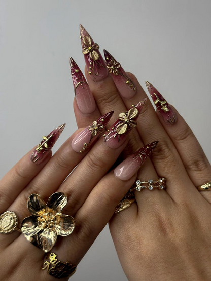 Golden Red Press On Nails | Burgundy & Gold Floral Nail Art | 3D Metallic Flower Design | Luxury Nail Set | Long Stiletto Press Ons| DC878HC