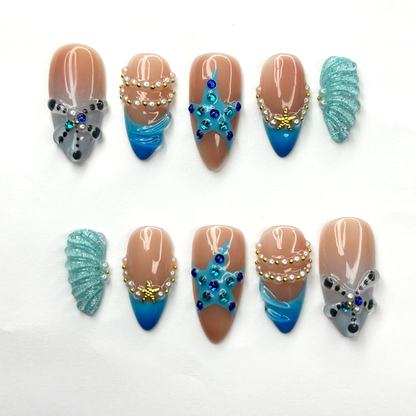 Summer Beach Press On Nails Almond • Vacation Holiday Nails • 3D Blue Starfish Pearl Seashell Tropical Ocean Handmade Fake Nails| OB422LC
