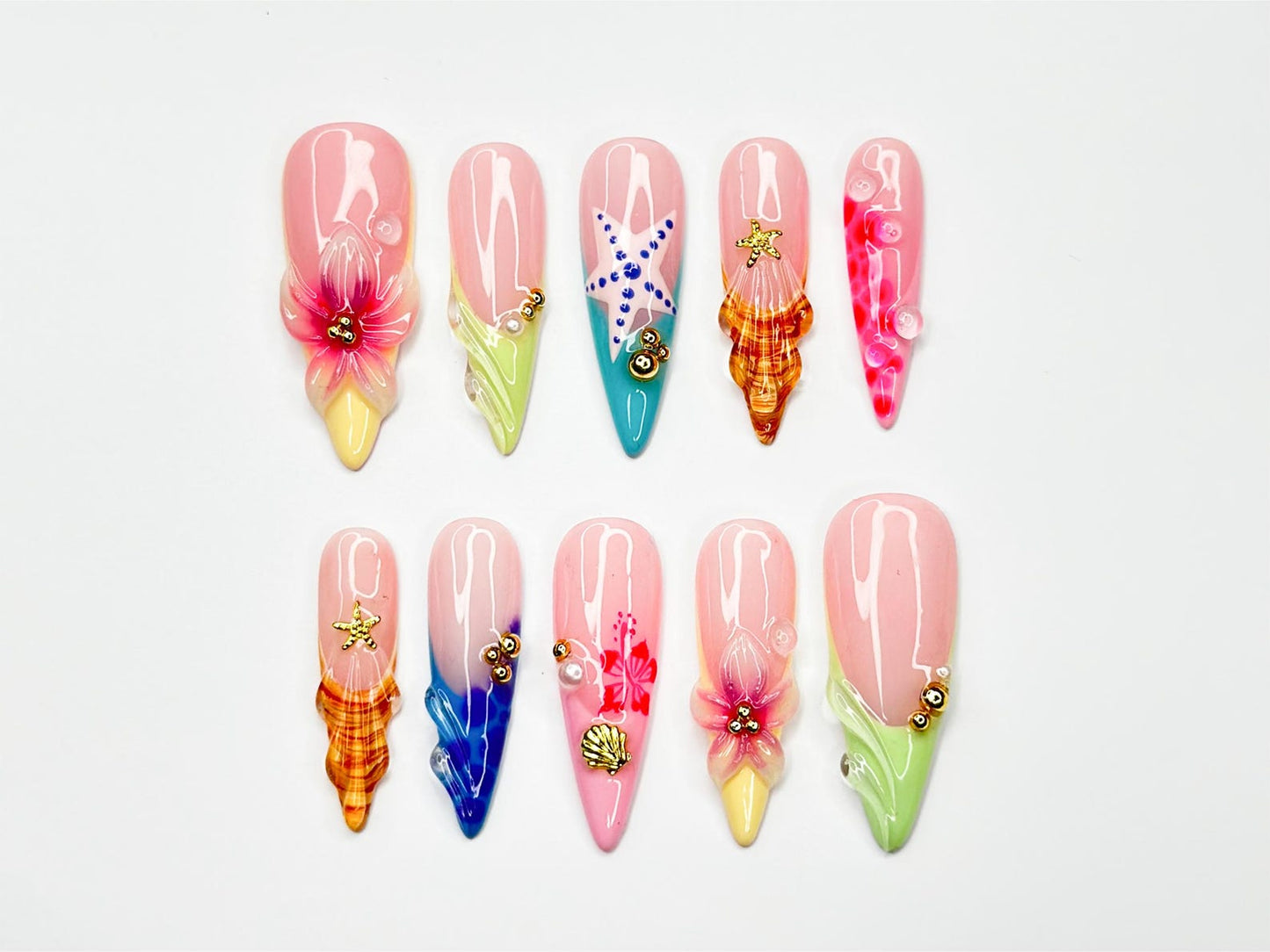 Tropical Sea Breeze Press On Nails | 3D Seashell & Starfish Nails | Colorful Ocean Nail Set | Summer Vacation Nails | OB885NC