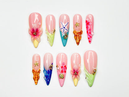 Tropical Sea Breeze Press On Nails | 3D Seashell & Starfish Nails | Colorful Ocean Nail Set | Summer Vacation Nails | OB885NC